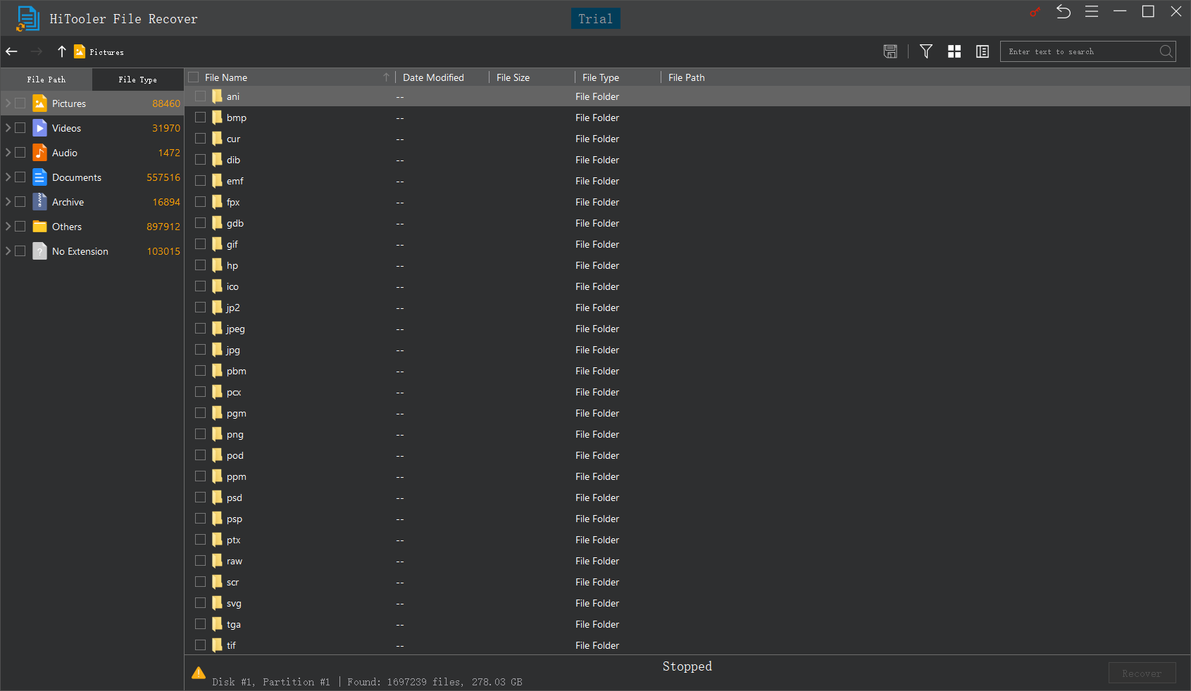 HiTooler File Recover scan page file type