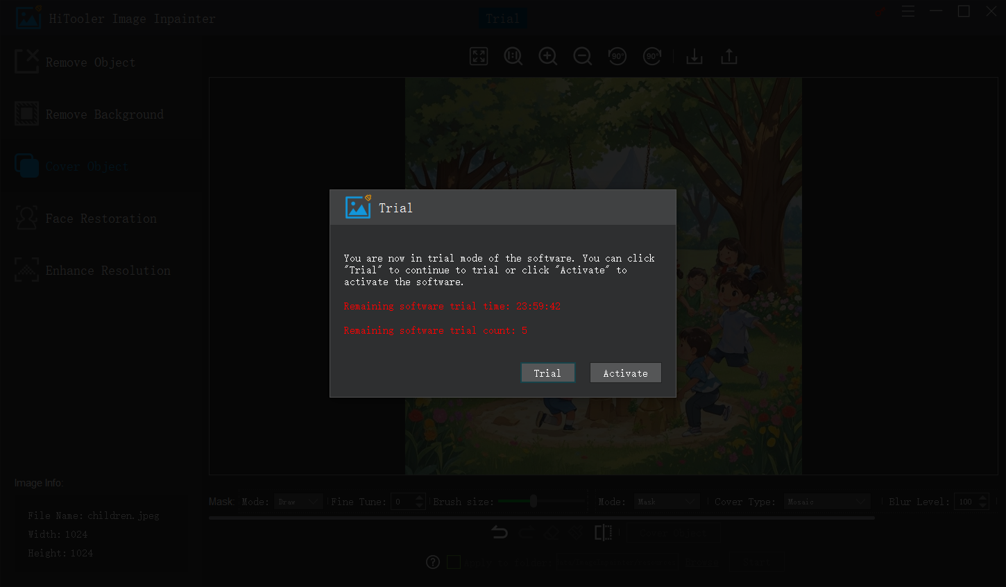 HiTooler Image Inpainter trial page