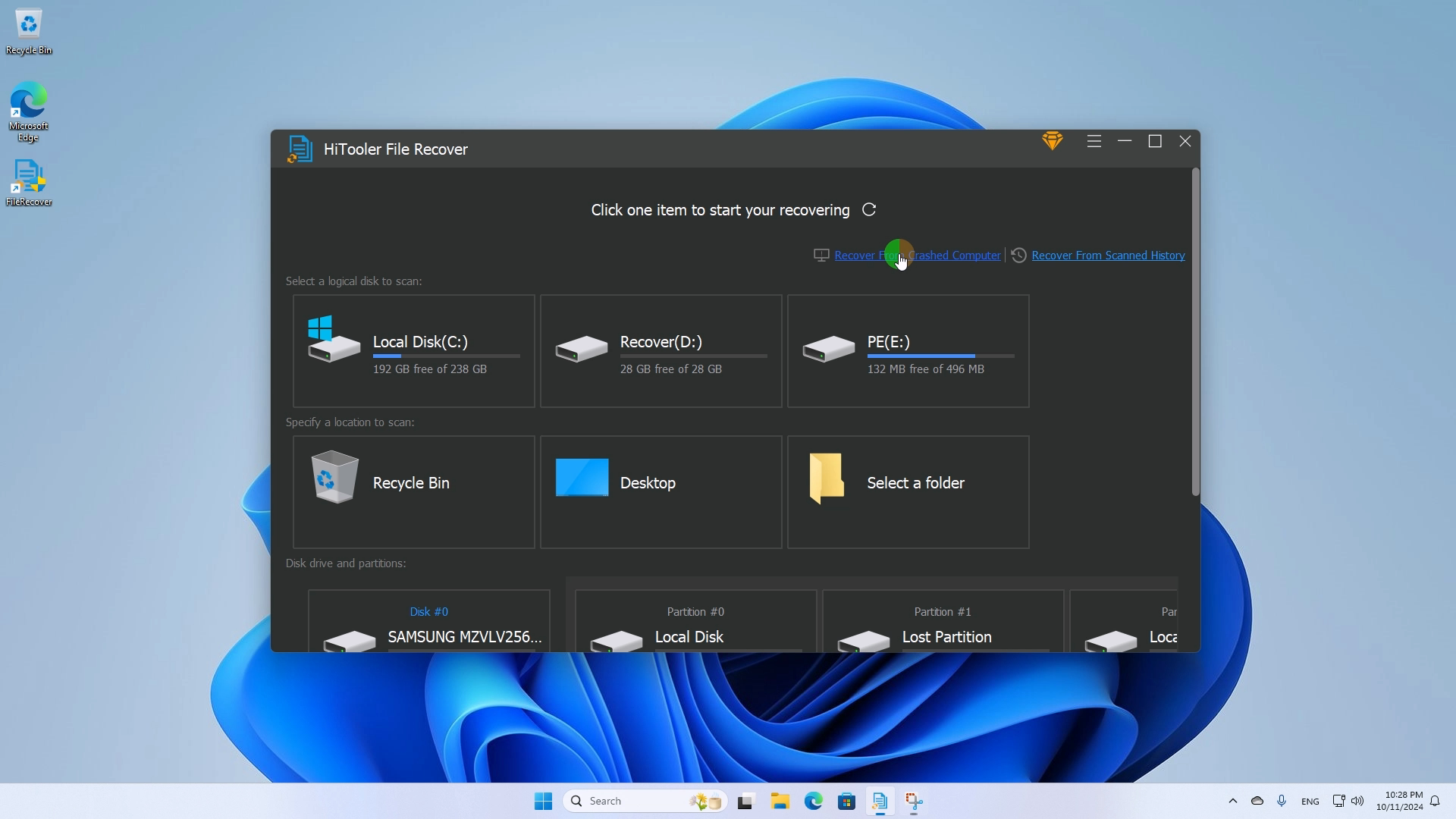 HiTooler File Recover crashed PC click recover from crashed PC