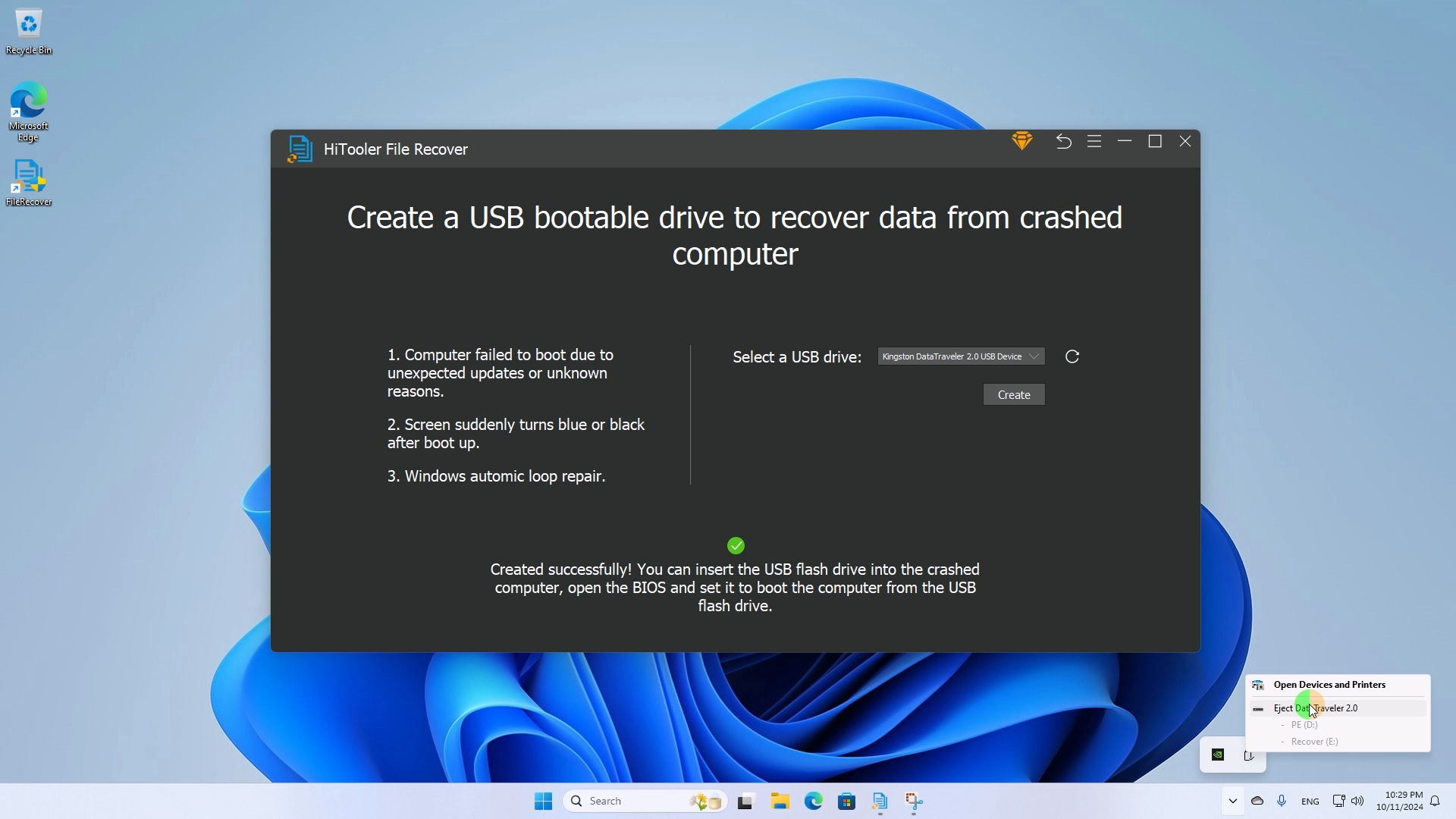 HiTooler File Recover eject USB driver