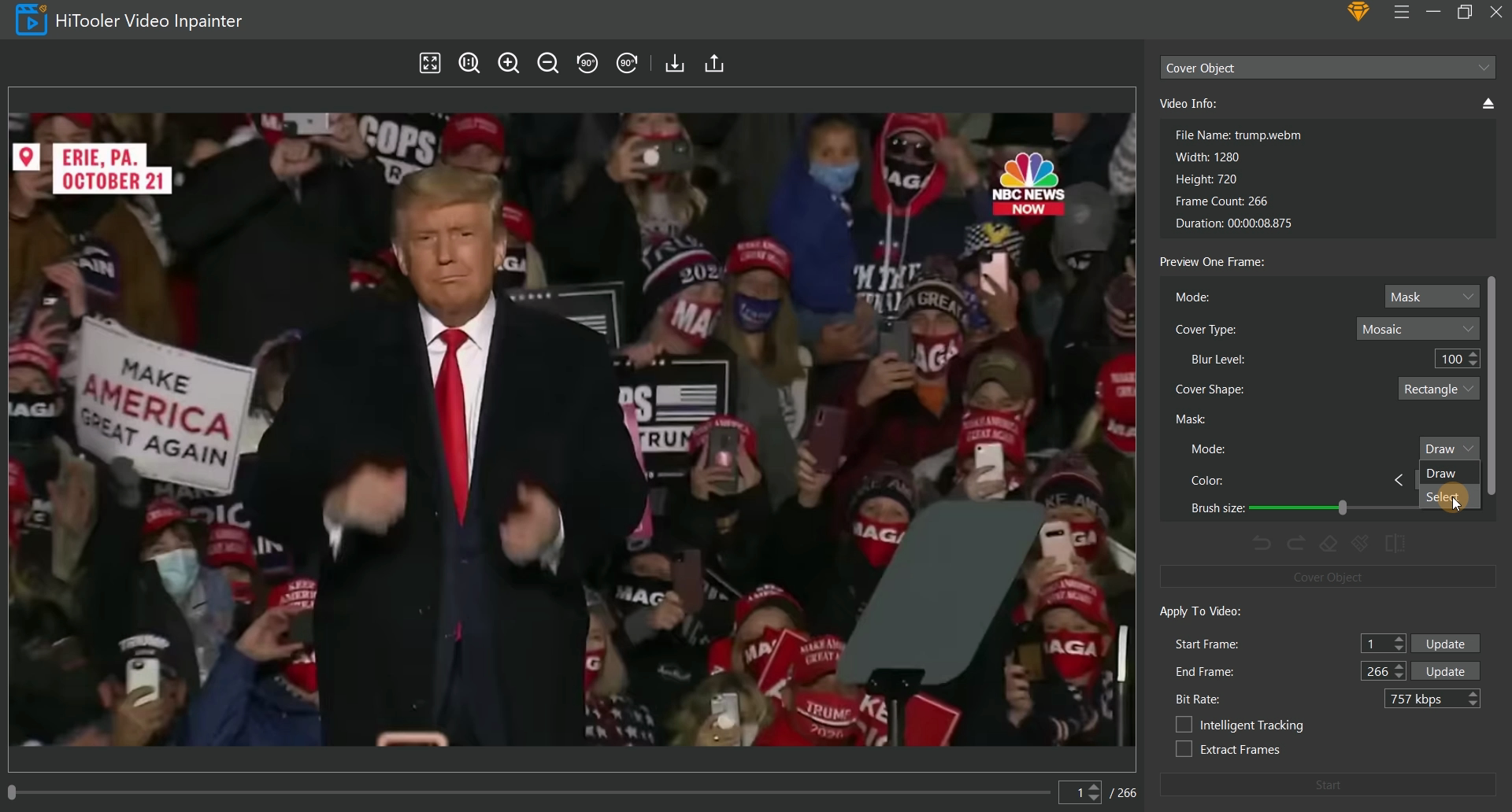 HiTooler Video Inpainter select mask mode to selct