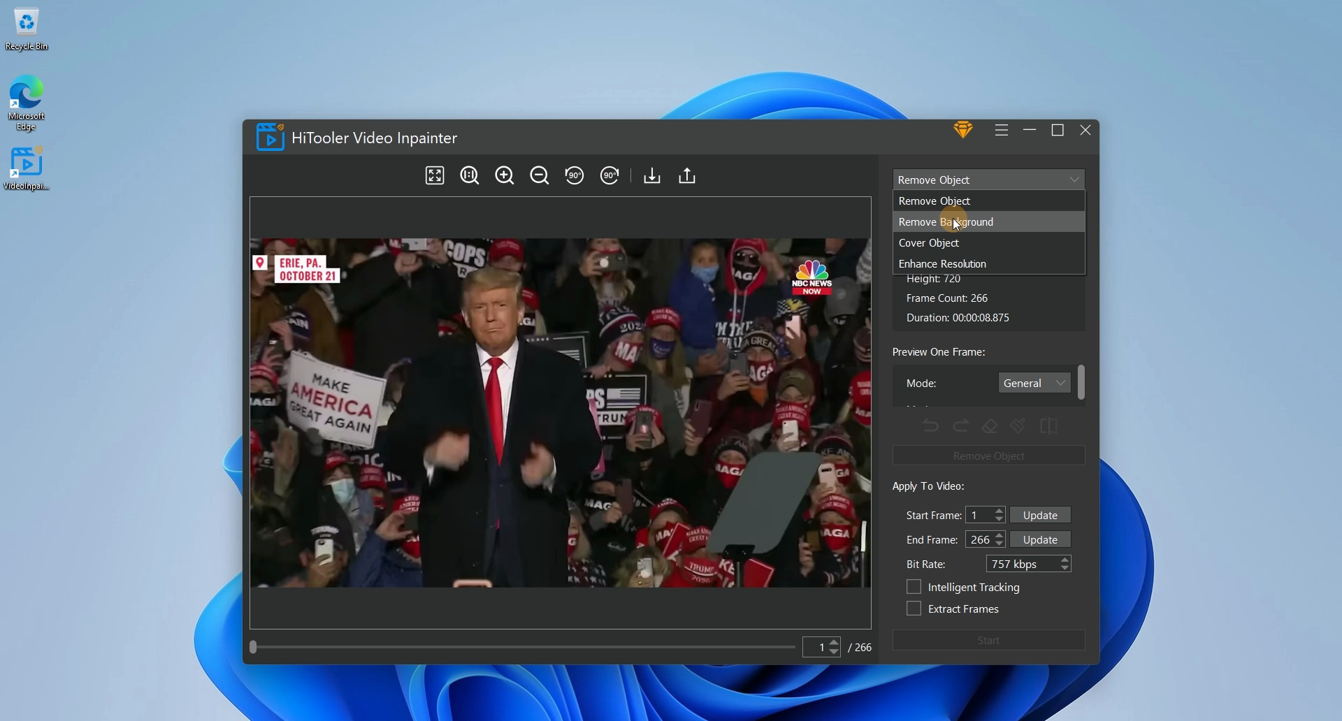 HiTooler Video Inpainter select mode to remove background